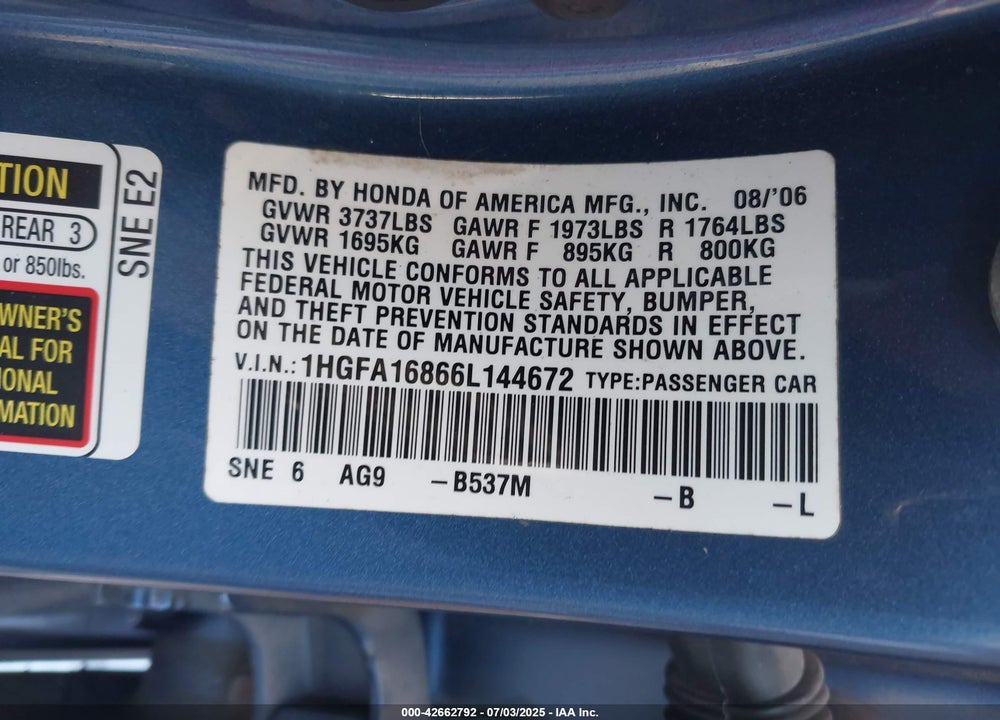 2006 HONDA CIVIC VIN: 1HGFA16866L144672