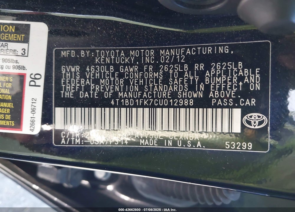 2012 TOYOTA CAMRY HYBRID VIN: 4T1BD1FK7CU012988
