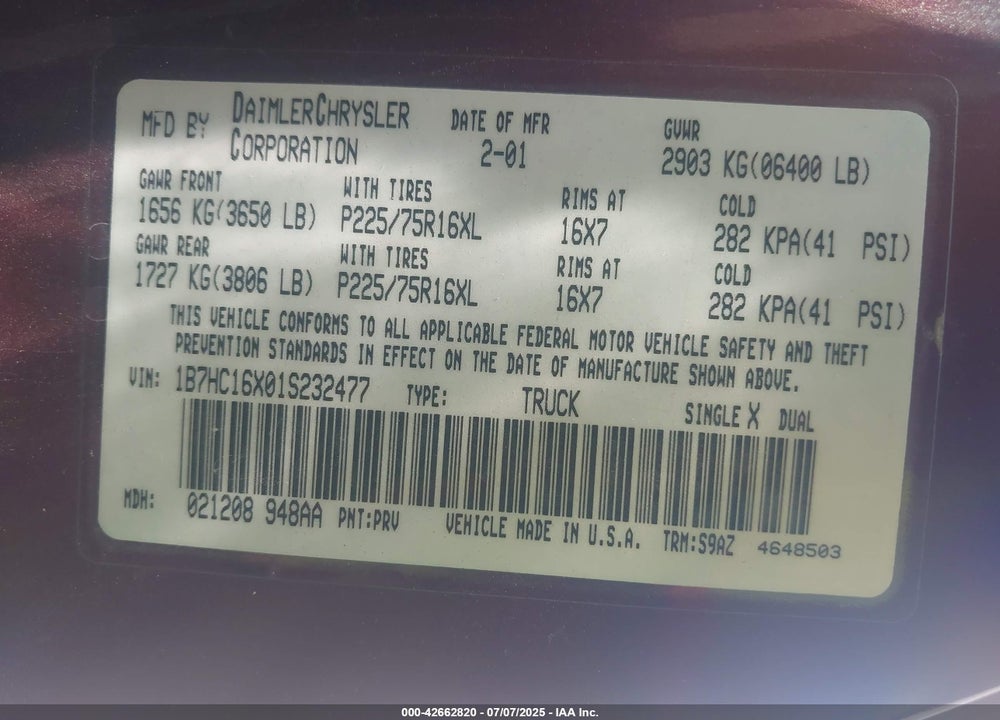 2001 DODGE RAM 1500 ST/WS VIN: 1B7HC16X01S232477
