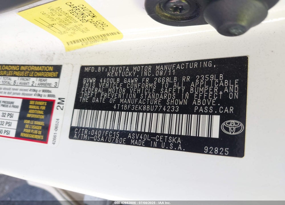 2011 TOYOTA CAMRY SE VIN: 4T1BF3EK8BU774233