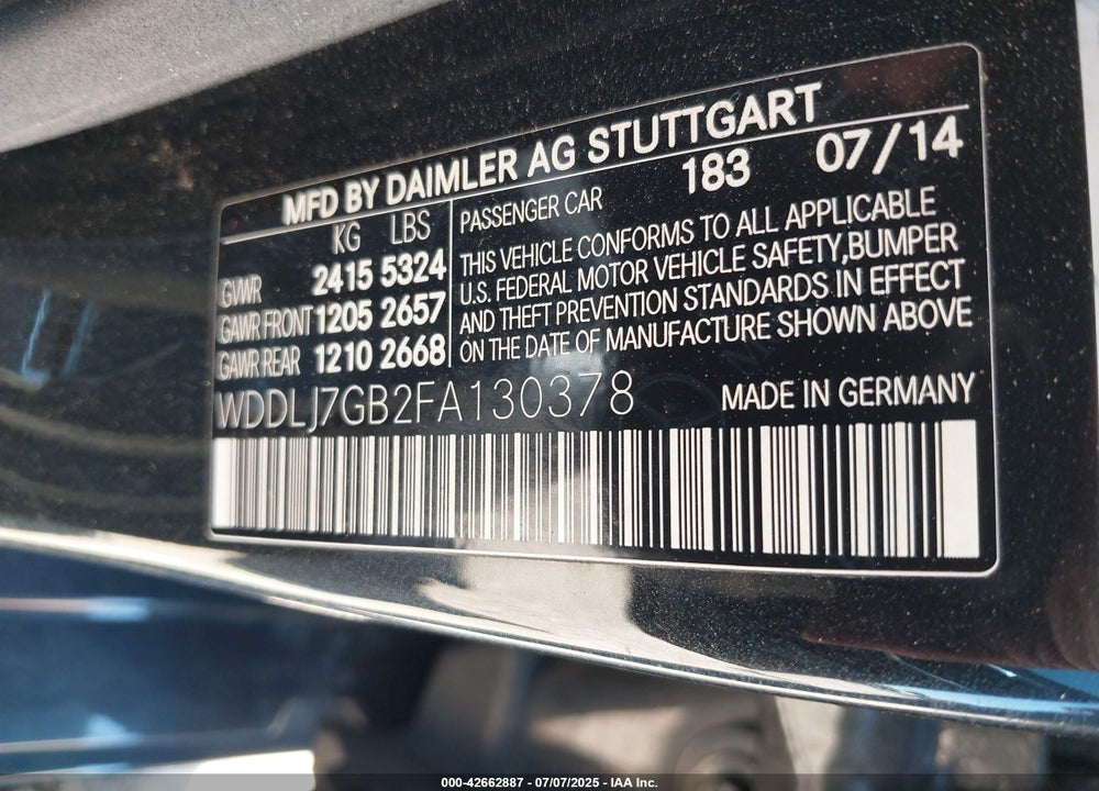 2015 MERCEDES-BENZ CLS CLASS VIN: WDDLJ7GB2FA130378