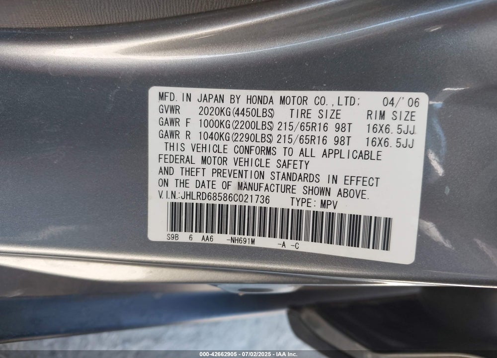 2006 HONDA CR-V LX VIN: JHLRD68586C021736
