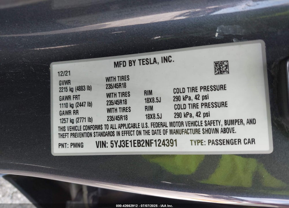 2022 TESLA MODEL 3 LONG RANGE DUAL MOTOR ALL-WHEEL DRIVE VIN: 5YJ3E1EB2NF124391