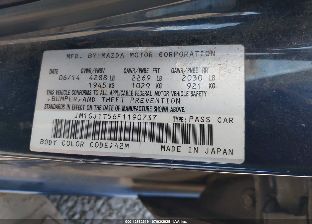 2015 MAZDA 6 VIN: JM1GJ1T56F1190737