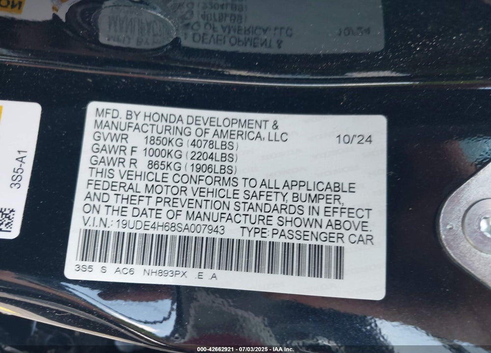 2025 ACURA INTEGRA VIN: 19UDE4H68SA007943
