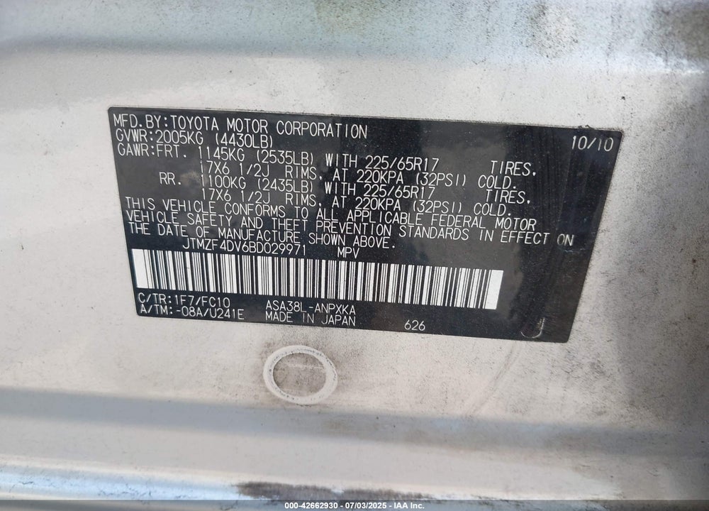 2011 TOYOTA RAV4 VIN: JTMZF4DV6BD029971