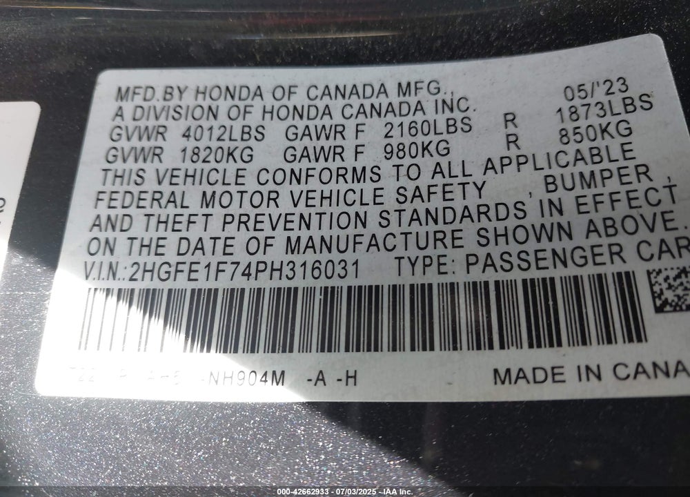 2023 HONDA CIVIC VIN: 2HGFE1F74PH316031