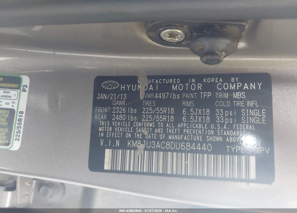 2013 HYUNDAI TUCSON VIN: KM8JU3AC8DU684440