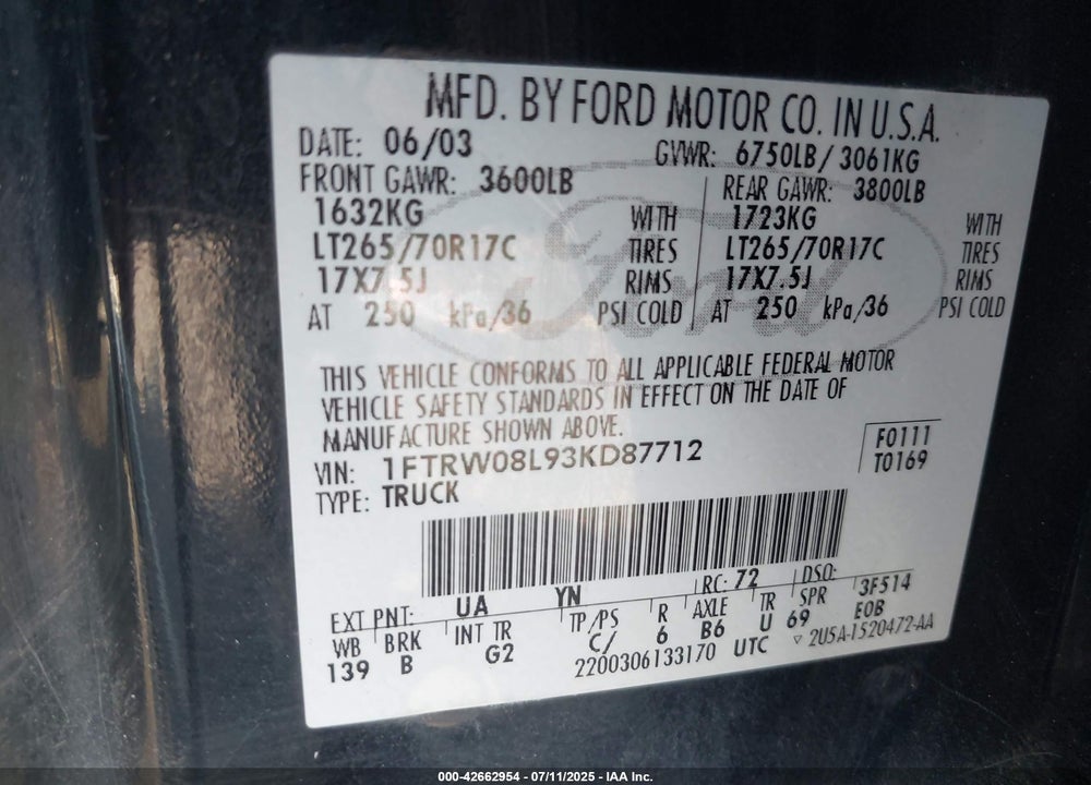 2003 FORD F-150 LARIAT/XLT VIN: 1FTRW08L93KD87712