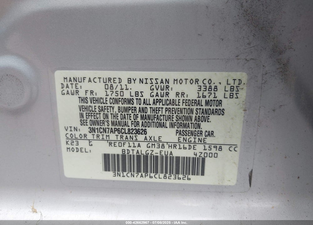 2012 NISSAN VERSA 1.6 SL VIN: 3N1CN7AP6CL823626
