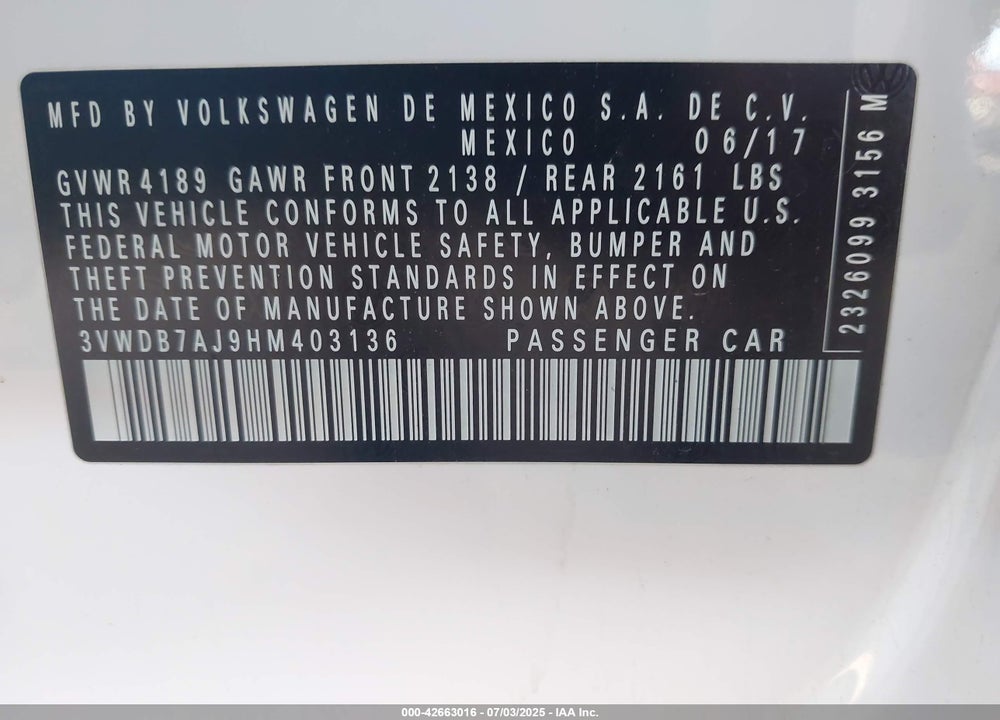 2017 VOLKSWAGEN JETTA VIN: 3VWDB7AJ9HM403136