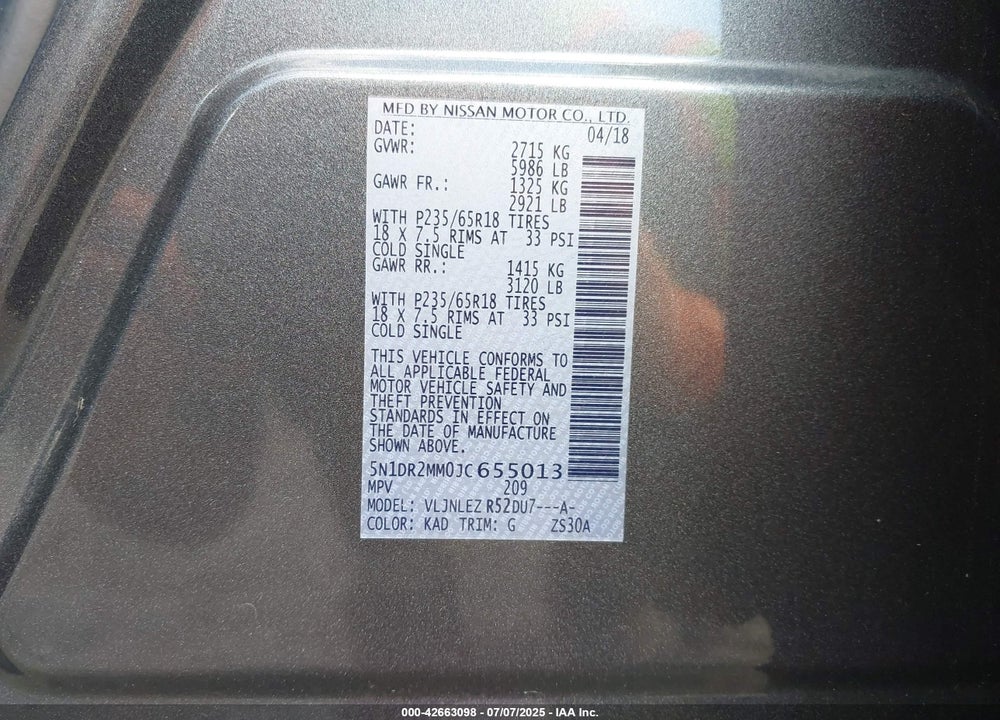 2018 NISSAN PATHFINDER VIN: 5N1DR2MM0JC655013