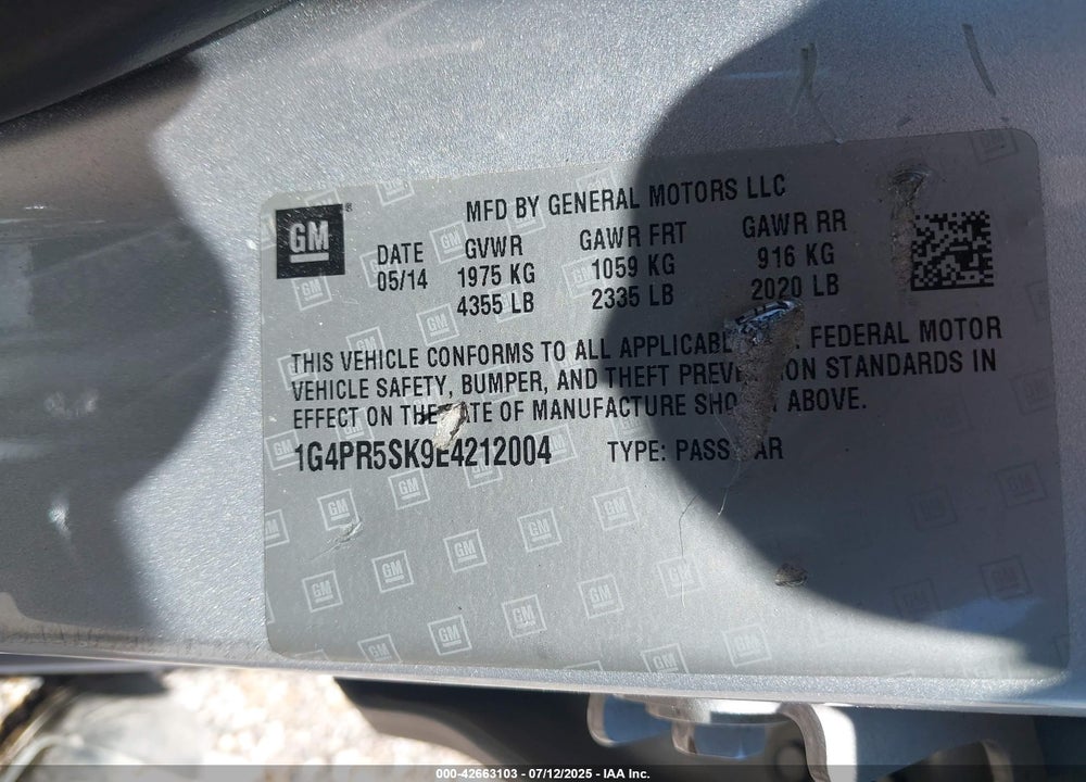 2014 BUICK VERANO VIN: 1G4PR5SK9E4212004