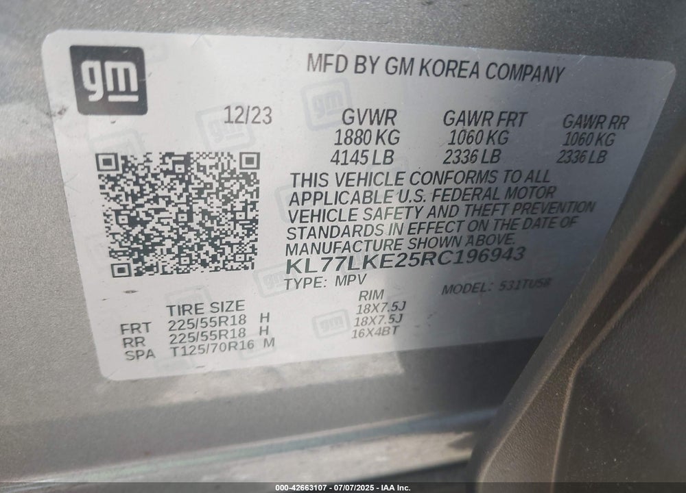 2024 CHEVROLET TRAX VIN: KL77LKE25RC196943