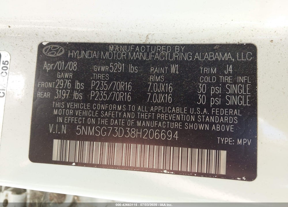 2008 HYUNDAI SANTA FE GLS VIN: 5NMSG73D38H206694