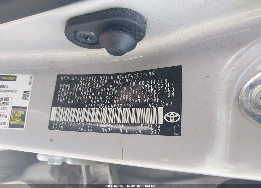2022 TOYOTA COROLLA VIN: 5YFEPMAE0NP321164