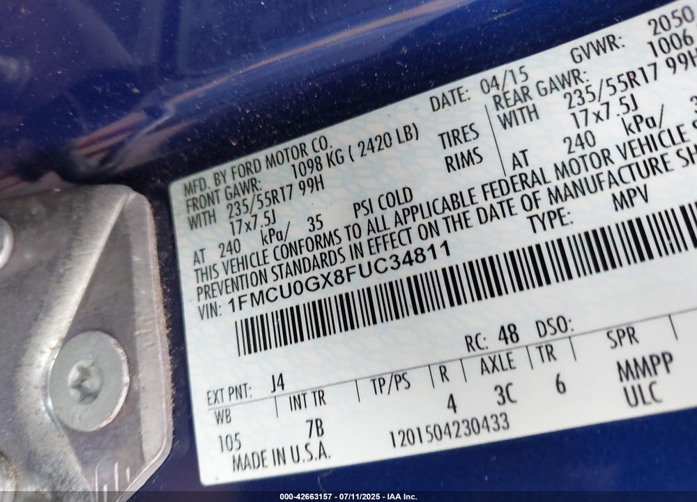 2015 FORD ESCAPE VIN: 1FMCU0GX8FUC34811