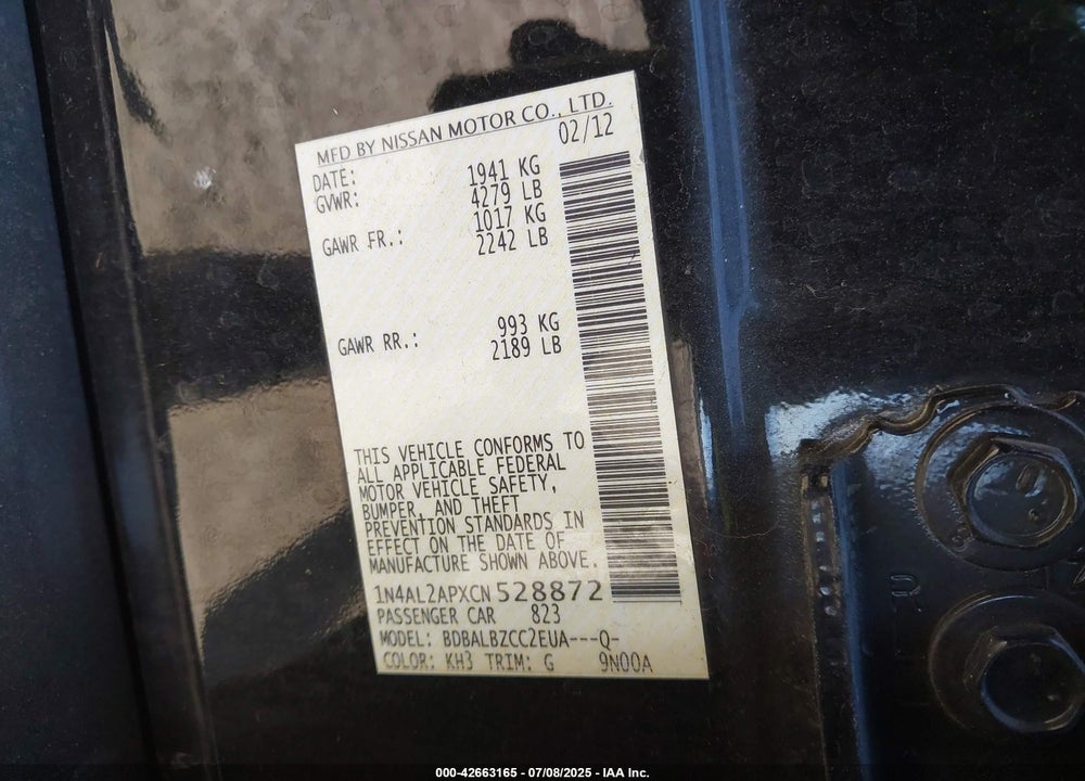 2012 NISSAN ALTIMA VIN: 1N4AL2APXCN528872