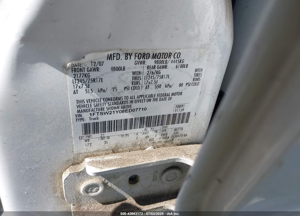 2008 FORD F-250 FX4/HARLEY-DAVIDSON/KING RANCH/LARIAT/XL/XLT VIN: 1FTSW21Y08ED07710