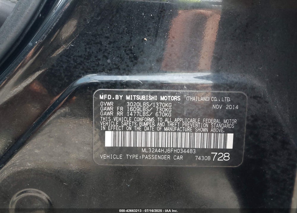 2015 MITSUBISHI MIRAGE VIN: ML32A4HJ6FH034483