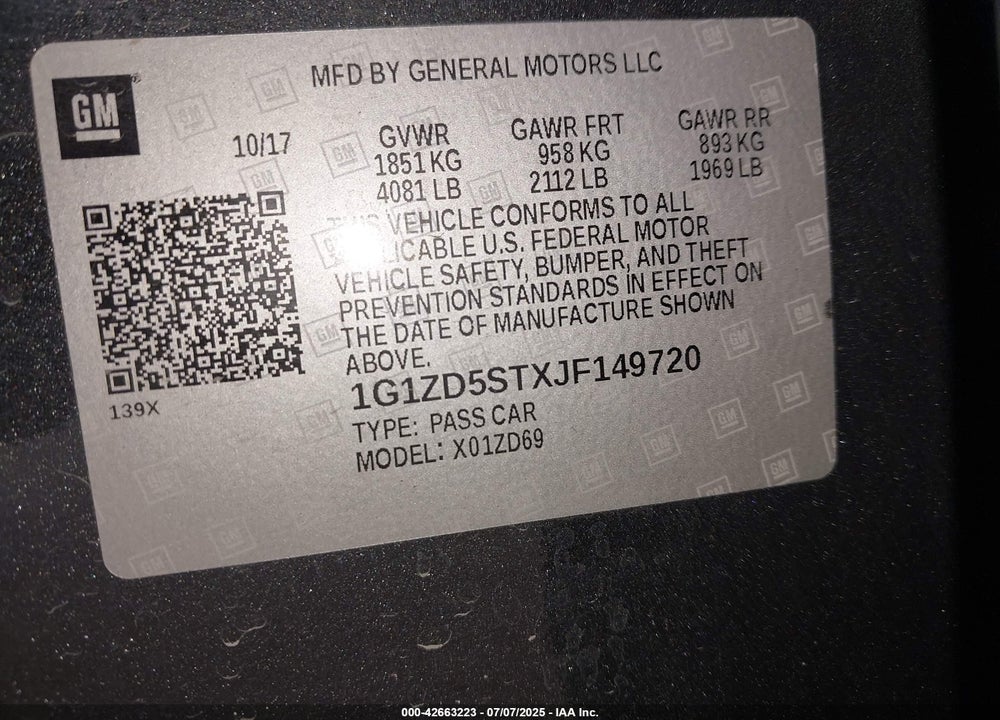 2018 CHEVROLET MALIBU VIN: 1G1ZD5STXJF149720