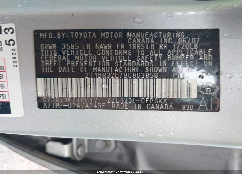 2008 TOYOTA COROLLA S VIN: 2T1BR32E78C863856