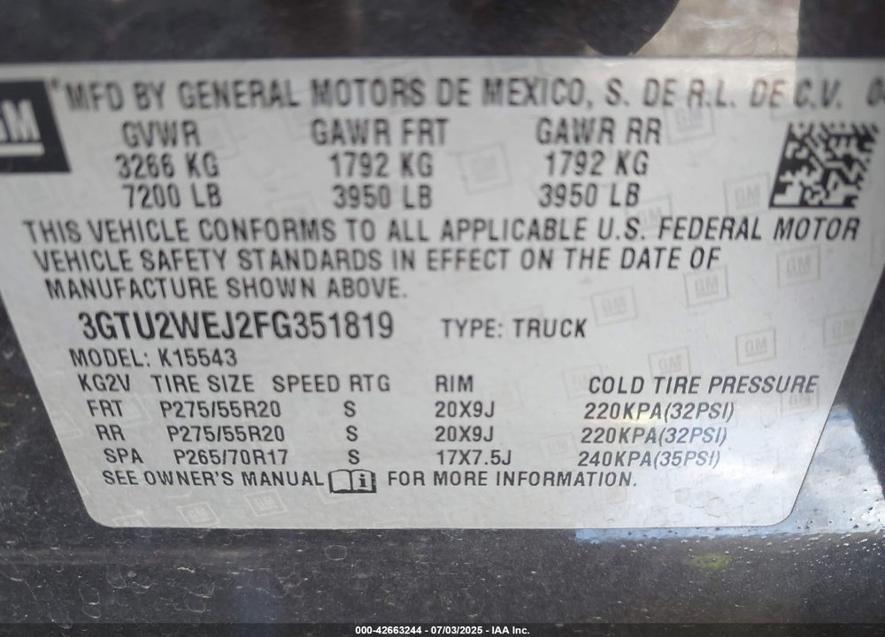 2015 GMC SIERRA 1500 VIN: 3GTU2WEJ2FG351819