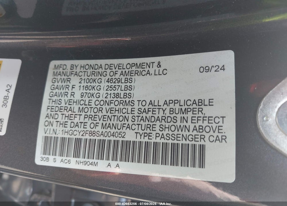 2025 HONDA ACCORD HYBRID TOURING VIN: 1HGCY2F88SA004052