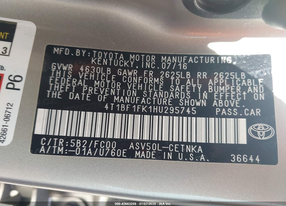 2017 TOYOTA CAMRY VIN: 4T1BF1FK1HU295745