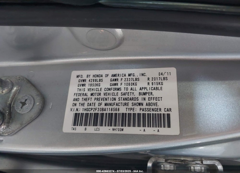 2011 HONDA ACCORD VIN: 1HGCP2F30BA118568