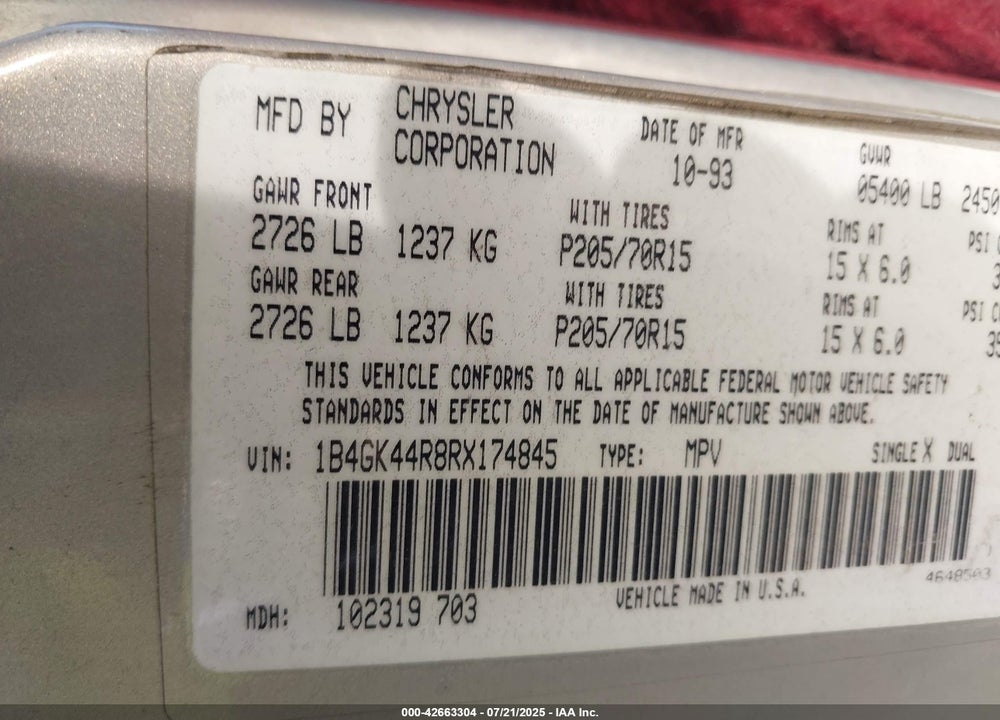 1994 DODGE GRAND CARAVAN SE VIN: 1B4GK44R8RX174845