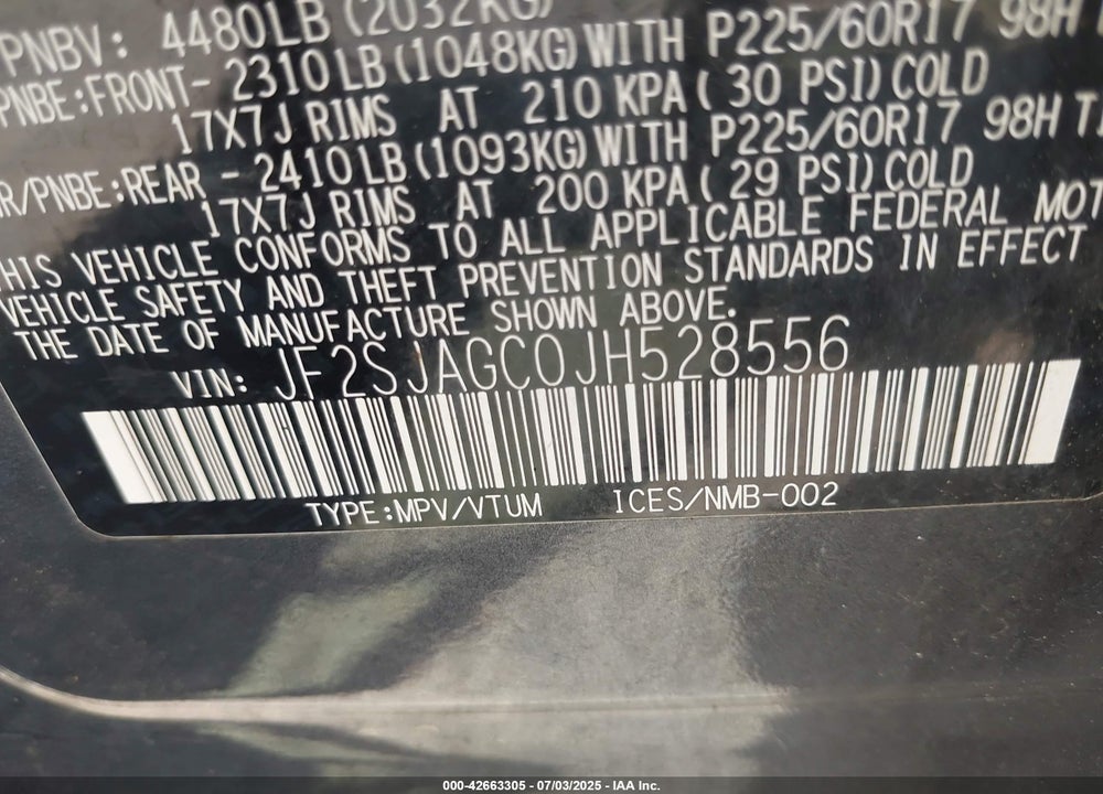 2018 SUBARU FORESTER VIN: JF2SJAGC0JH528556