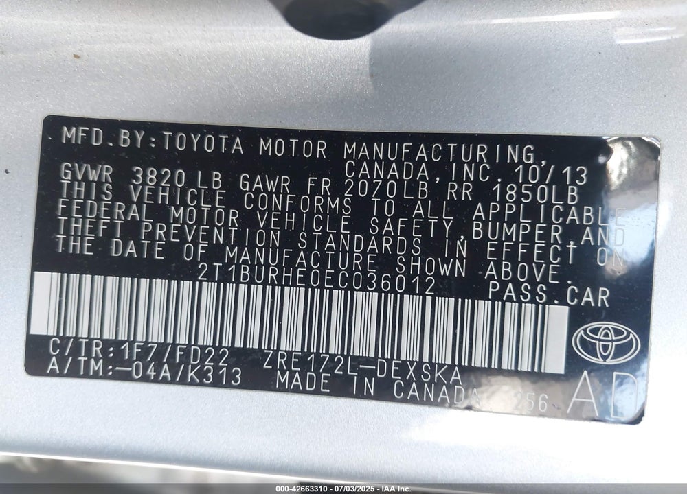 2014 TOYOTA COROLLA VIN: 2T1BURHE0EC036012