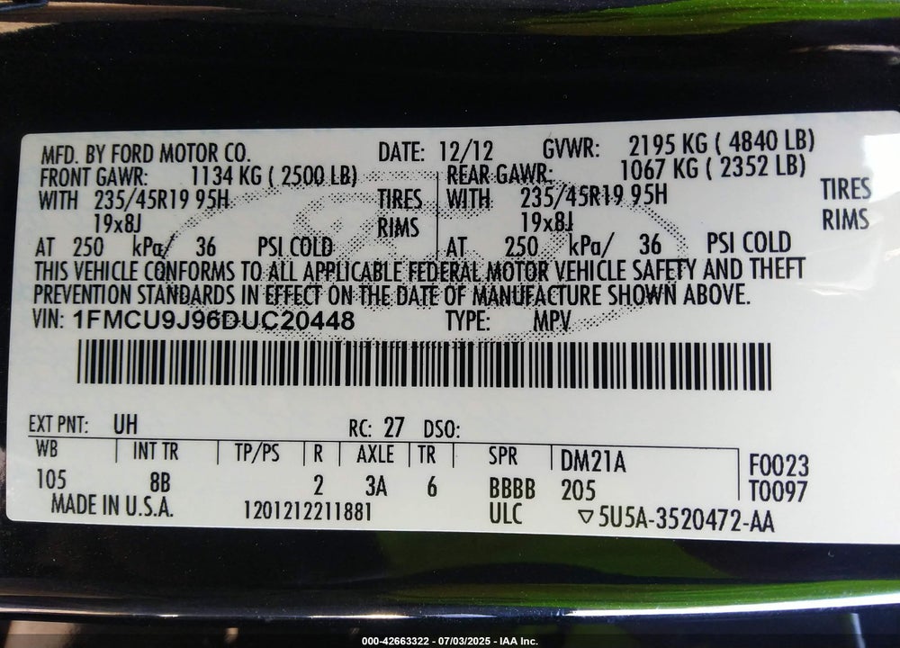 2013 FORD ESCAPE VIN: 1FMCU9J96DUC20448