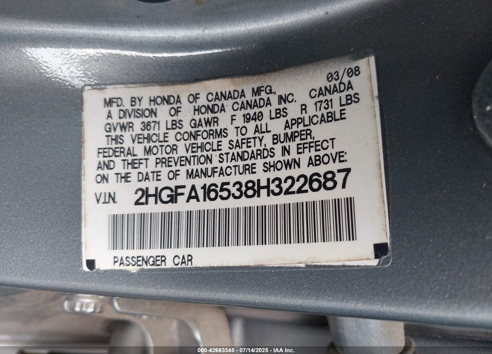 2008 HONDA CIVIC LX VIN: 2HGFA16538H322687
