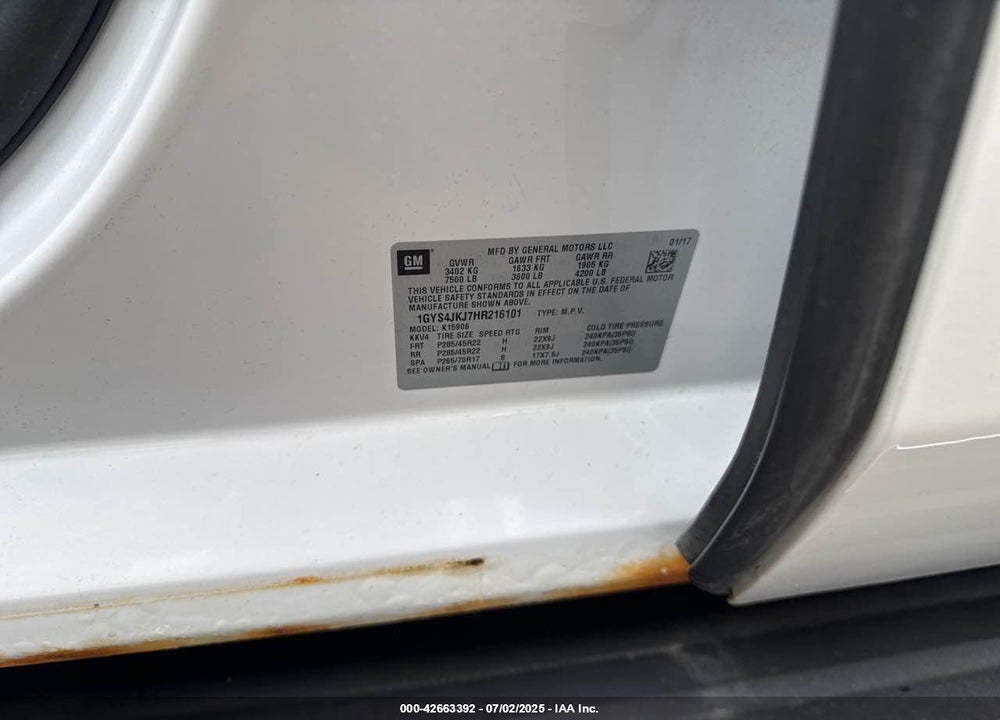 2017 CADILLAC ESCALADE VIN: 1GYS4JKJ7HR216101
