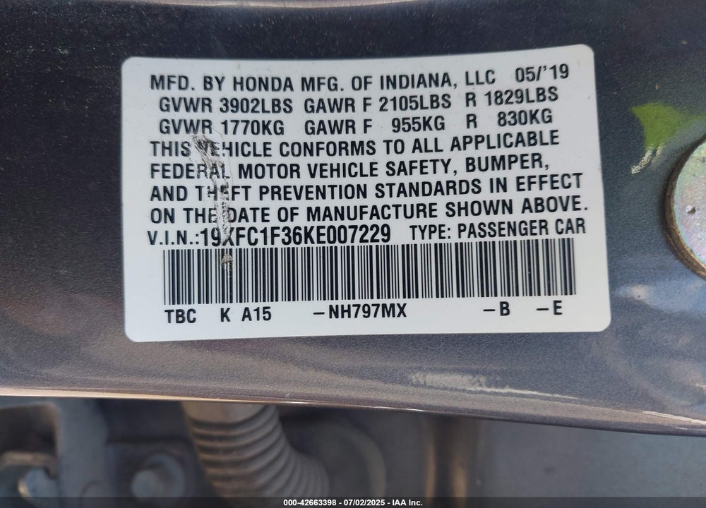2019 HONDA CIVIC VIN: 19XFC1F36KE007229