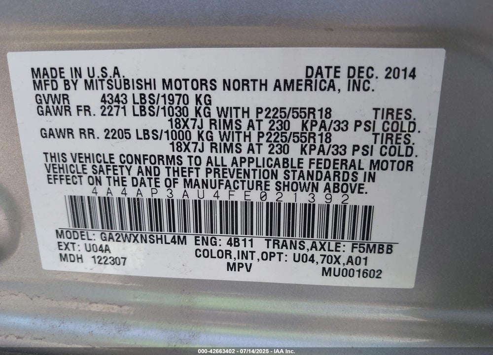 2015 MITSUBISHI OUTLANDER SPORT VIN: 4A4AP3AU4FE021392