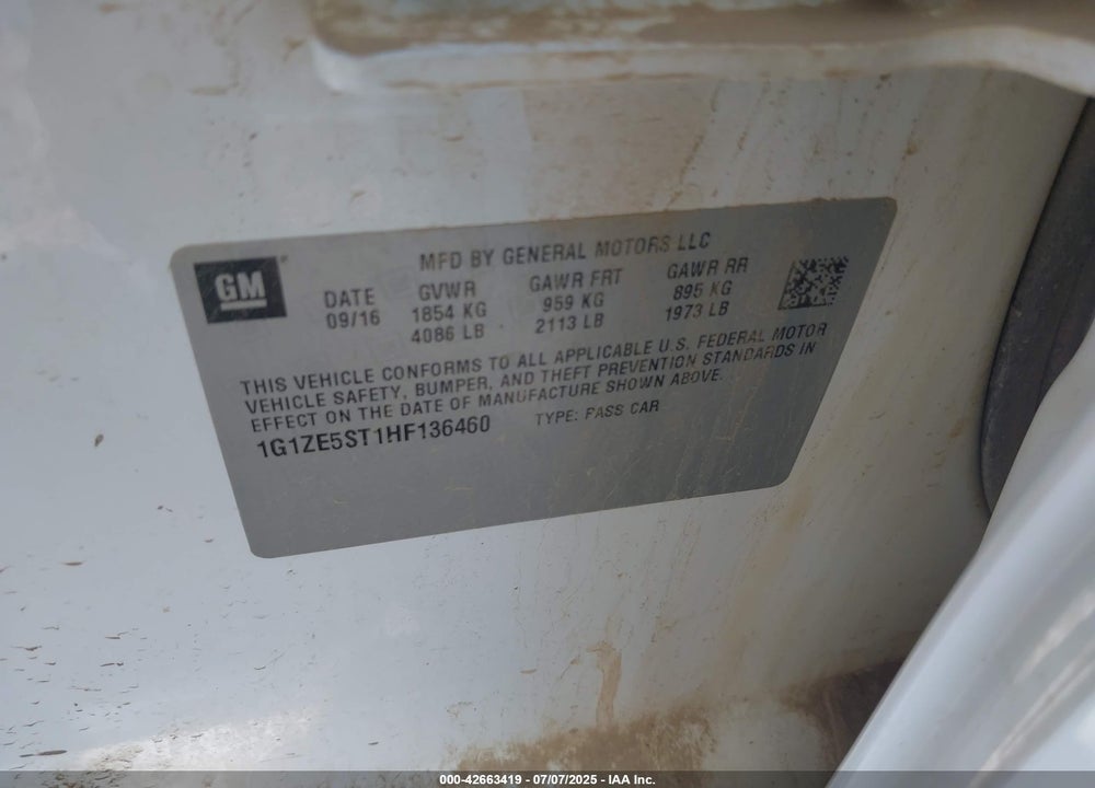 2017 CHEVROLET MALIBU VIN: 1G1ZE5ST1HF136460