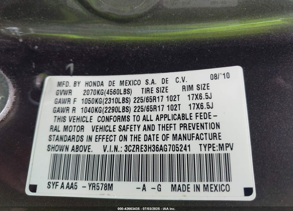 2010 HONDA CR-V VIN: 3CZRE3H36AG705241