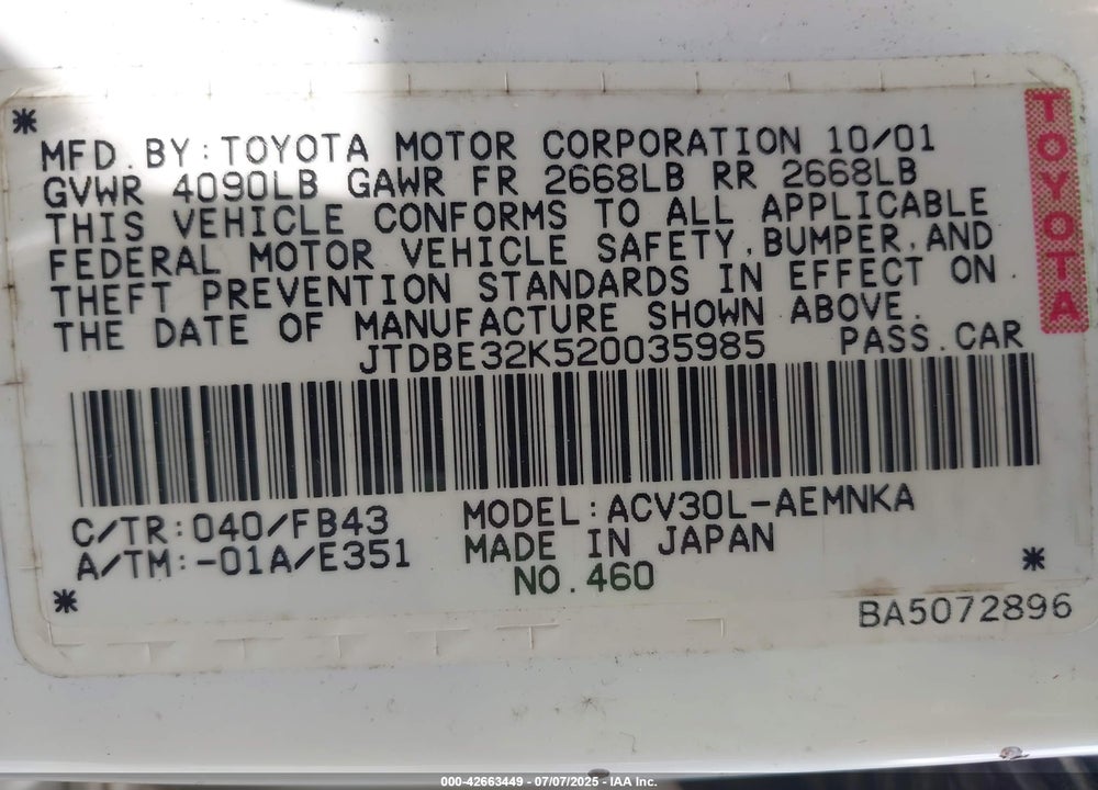 2002 TOYOTA CAMRY VIN: JTDBE32K520035985
