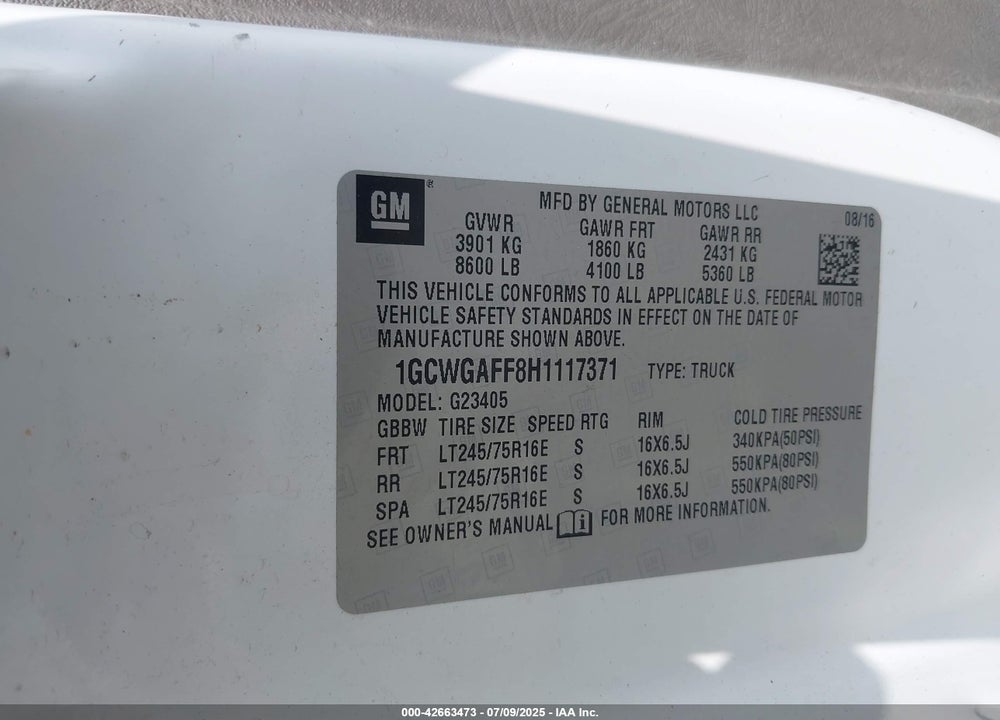 2017 CHEVROLET EXPRESS 2500 WORK VAN VIN: 1GCWGAFF8H1117371