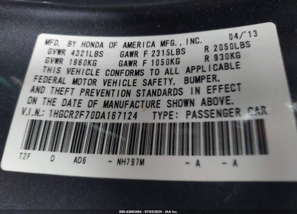2013 HONDA ACCORD VIN: 1HGCR2F70DA167124