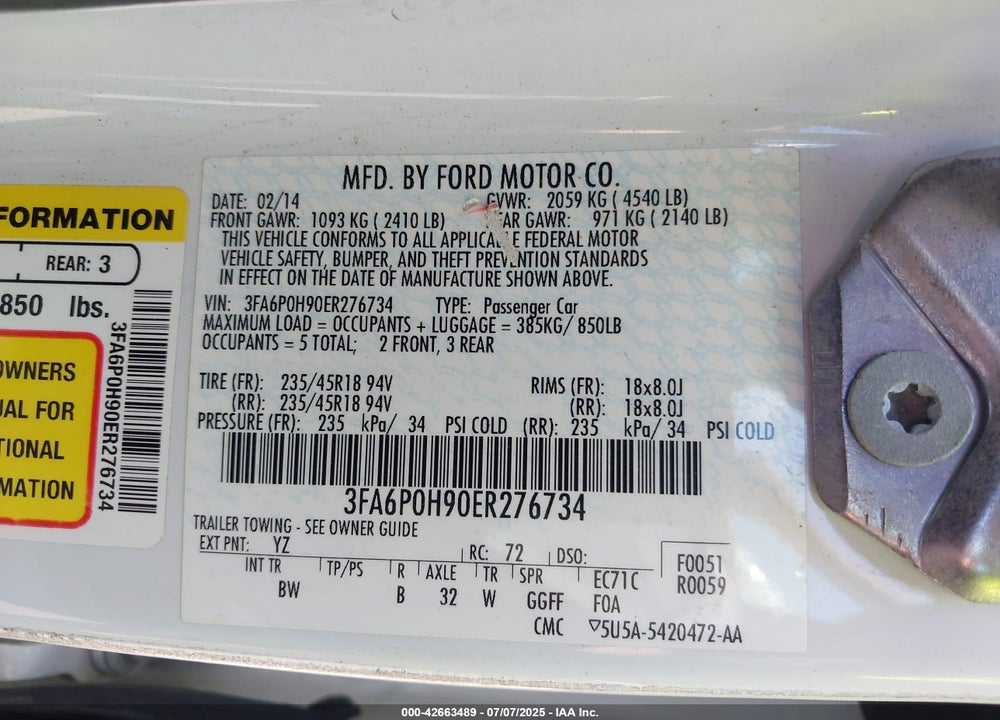 2014 FORD FUSION VIN: 3FA6P0H90ER276734