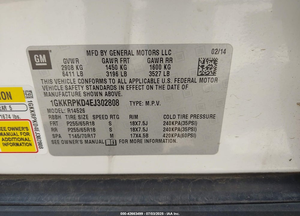2014 GMC ACADIA SLE-2 VIN: 1GKKRPKD4EJ302808