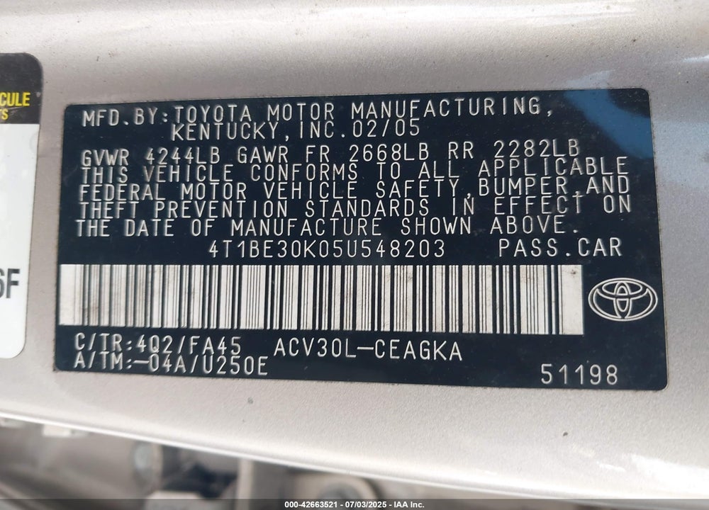 2005 TOYOTA CAMRY XLE VIN: 4T1BE30K05U548203