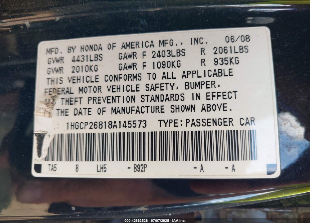 2008 HONDA ACCORD VIN: 1HGCP26818A145573