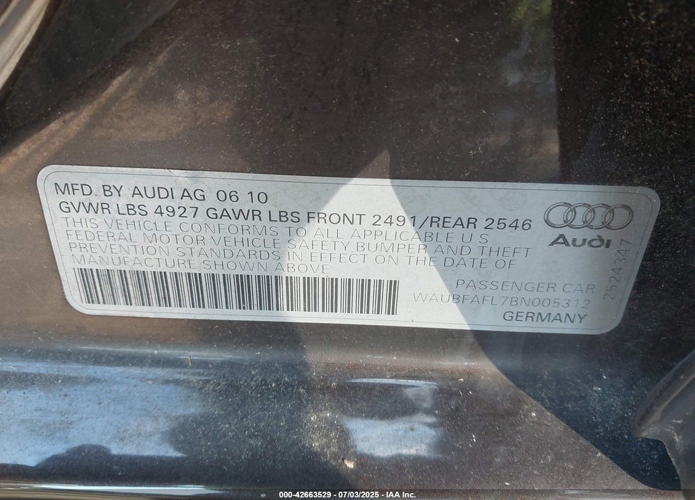 2011 AUDI A4 VIN: WAUBFAFL7BN005312