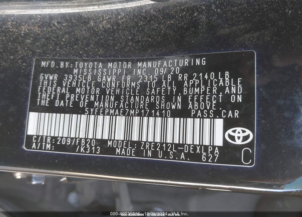2021 TOYOTA COROLLA LE VIN: 5YFEPMAE7MP171410