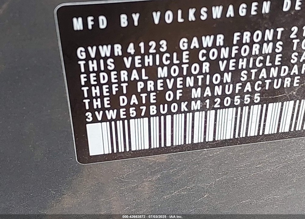 2019 VOLKSWAGEN JETTA VIN: 3VWE57BU0KM120555